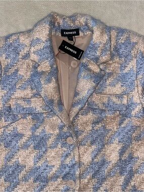 Express Textured Houndstooth Blazer in Light Blue and Cream